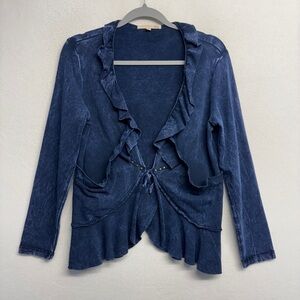 Testimony LA Navy Blue Cardigan Ruffle L Tie Front Pockets Cotton Stretch USA